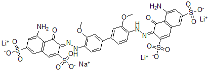 CAS 登录号：75752-17-9， (3Z)-5-氨基-3-[[4-[4-[(2Z)-2-(8-氨基-1-氧代-3,6-二磺酸萘-2-亚基)肼基]-3-甲氧基苯基]-2-甲氧基苯基]亚肼基]-4-氧代萘-2,7-二磺酸三锂钠