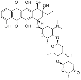 CAS 登录号：76264-95-4， (9R,10R)-7-[(2R,4S,6S)-4-二甲基氨基-5-[(2S,4S,5S,6S)-4-羟基-6-甲基-5-[(2R,6S)-6-甲基-5-氧代四氢吡喃-2-基]氧基四氢吡喃-2-基]氧基-6-甲基四氢吡喃-2-基]氧基-9-乙基-4,6,9,10,11-五羟基-8,10-二氢-7H-并四苯-5,12-二酮