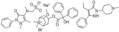 CAS#: 76515-03-2, 3-((Hydroxydiphenylacetyl)oxy)-6-methoxy-8,8-dimethyl-8-Azoniabicyclo(3.2.1)octane bromide mixt. with ((2,3-dihydro-1,5-dimethyl-3-oxo-2-phenyl-1H-pyrazol-4-yl)methylamino)methanesulfonic acid sodium salt and 4-ethyl-1,2-dihydro-2-(1-methyl-4-piperidinyl)-5-phenyl-3H-pyrazol-3-one