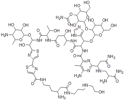 CAS#: 77368-64-0, [2-[2-[2-[[6-Amino-2-[3-Amino-1-[(2,3-Diamino-3-Oxopropyl)Amino]-3-Oxopropyl]-5-Methylpyrimidine-4-Carbonyl]Amino]-3-[[5-[[1-[[1-(5-Amino-3,4-Dihydroxy-6-Methyloxan-2-Yl)Oxy-2-[4-[4-[[4-Amino-6-[3-(2-Hydroxyethylamino)Propylamino]-6-Oxohexyl]Carbamoyl]-1,3-Thiazol-2-Yl]-1,3-Thiazol-2-Yl]-2-Hydroxyethyl]Amino]-3-Hydroxy-1-Oxobutan-2-Yl]Amino]-3-Hydroxy-5-Oxopentan-2-Yl]Amino]-1-(3H-Imidazol-4-Yl)-3-Oxopropoxy]-4,5-Dihydroxy-6-(Hydroxymethyl)Oxan-3-Yl]Oxy-3,5-Dihydroxy-6-(Hydroxymethyl)Oxan-4-Yl] Carbamate