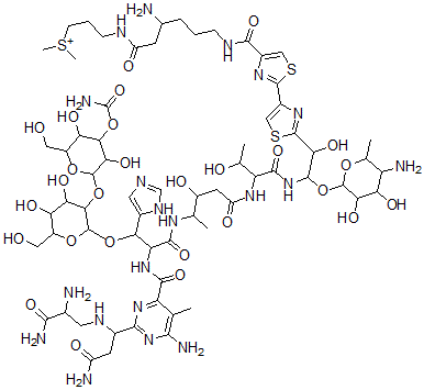 CAS#: 77368-65-1, 3-[[3-Amino-6-[[2-[2-[2-[[2-[[4-[[2-[[6-Amino-2-[3-Amino-1-[(2,3-Diamino-3-Oxopropyl)Amino]-3-Oxopropyl]-5-Methylpyrimidine-4-Carbonyl]Amino]-3-[3-[4-Carbamoyloxy-3,5-Dihydroxy-6-(Hydroxymethyl)Oxan-2-Yl]Oxy-4,5-Dihydroxy-6-(Hydroxymethyl)Oxan-2-Yl]Oxy-3-(3H-Imidazol-4-Yl)Propanoyl]Amino]-3-Hydroxypentanoyl]Amino]-3-Hydroxybutanoyl]Amino]-2-(5-Amino-3,4-Dihydroxy-6-Methyloxan-2-Yl)Oxy-1-Hydroxyethyl]-1,3-Thiazol-4-Yl]1,3-Thiazole-4-Carbonyl]Amino]Hexanoyl]Amino]Propyl-Dimethylsulfanium