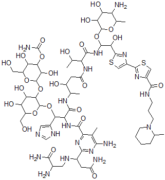 CAS#: 77368-81-1, [2-[2-[2-[[6-Amino-2-[3-amino-1-[(2,3-diamino-3-oxopropyl)amino]-3-oxopropyl]-5-methylpyrimidine-4-carbonyl]amino]-3-[[5-[[1-[[1-(5-amino-3,4-dihydroxy-6-methyloxan-2-yl)oxy-2-hydroxy-2-[4-[4-[3-(2-methylpiperidin-1-yl)propylcarbamoyl]-1,3-thiazol-2-yl]-1,3-thiazol-2-yl]ethyl]amino]-3-hydroxy-1-oxobutan-2-yl]amino]-3-hydroxy-5-oxopentan-2-yl]amino]-1-(1H-imidazol-5-yl)-3-oxopropoxy]-4,5-dihydroxy-6-(hydroxymethyl)oxan-3-yl]oxy-3,5-dihydroxy-6-(hydroxymethyl)oxan-4-yl] carbamate