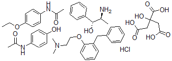 CAS#: 79191-48-3, N-(4-ethoxyphenyl)-Acetamide mixt. with (R*,S*)-(+-)-alpha-(1-aminoethyl)benzenemethanol hydrochloride, N,N-dimethyl-2-(2-(phenylmethyl)phenoxy)ethanamine 2-hydroxy-1,2,3-propanetricarboxylate (1:1) and N-(4-hydroxyphenyl)acetamide