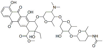 CAS 登录号：79391-09-6， 4-[5-[5-(5-乙酰氨基-6-甲基四氢吡喃-2-基)氧基-4-羟基-6-甲基四氢吡喃-2-基]氧基-4-二甲基氨基-6-甲基四氢吡喃-2-基]氧基-2-乙基-2,5,7-三羟基-6,11-二氧代-3,4-二氢-1H-并四苯-1-羧酸甲酯
