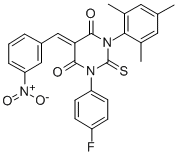 CAS 登录号：79838-97-4， (5E)-1-(4-氟苯基)-5-[(3-硝基苯基)亚甲基]-2-硫代-3-(2,4,6-三甲基苯基)-1,3-二嗪农-4,6-二酮