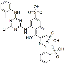 CAS 登录号：93941-04-9， 5-[[4-氯-6-[(邻甲苯基)氨基]-1,3,5-三嗪-2-基]氨基]-4-羟基-3-[(2-磺基苯基)偶氮]萘-2,7-二磺酸