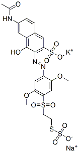 CAS 登录号：94249-21-5， 6-(乙酰基氨基)-3-[[2,5-二甲氧基-4-[[2-(磺酸基硫代)乙基]磺酰基]苯基]偶氮]-4-羟基萘-2-磺酸钾钠盐