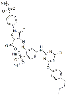 CAS#: 97574-43-1, Trisodium 4-[[5-[[4-(4-Butylphenoxy)-6-Chloro-1,3,5-Triazin-2-Yl]Amino]-2-Sulphonatophenyl]Azo]-4,5-Dihydro-5-Oxo-1-(4-Sulphonatophenyl)-1H-Pyrrole-3-Carboxylate