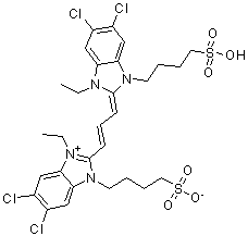 CAS 登录号：10049-96-4, 5,6-二氯-2-[3-[5,6-二氯-1-乙基-3-(4-磺基丁基)-2-苯并咪唑啉亚基]丙烯基]-3-乙基-1-(4-磺基丁基)苯并咪唑鎓氢氧化物内盐