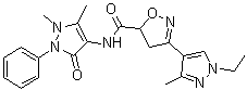 structure of CAS# 1006335-39-2, N-(2,3-Dihydro-1,5-dimethyl-3-oxo-2-phenyl-1H-pyrazol-4-yl)-3-(1-ethyl-3-methyl-1H-pyrazol-4-yl)-4,5-dihydro-5-isoxazolecarboxamide