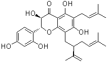CAS # 101236-51-5, Kushenol M, (2R,3R)-2-(2,4-Dihydroxyphenyl)-2,3-dihydro-3,5,7-trihydroxy-6-(3-methyl-2-buten-1-yl)-8-[(2R)-5-methyl-2-(1-methylethenyl)-4-hexen-1-yl]-4H-1-benzopyran-4-one