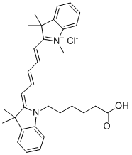 structure of CAS# 1032678-07-1, 2-(5-(1-(5-Carboxypentyl)-3,3-dimethylindolin-2-ylidene)penta-1,3-dien-1-yl)-1,3,3-trimethyl-3H-indol-1-ium chloride