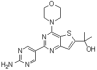 structure of CAS# 1033735-94-2, 2-(2-Amino-5-pyrimidinyl)-alpha,alpha-dimethyl-4-(4-morpholinyl)thieno[3,2-d]pyrimidine-6-methanol