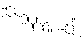 rel-N-[5-[2-(3,5-Dimethoxyphenyl)ethyl]-1H-pyrazol-3-yl]-4-[(3R,5S)-3,5-dimethyl-1-piperazinyl]benzamide molecular structure (CAS 1035270-39-3)