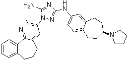 structure of CAS# 1037624-75-1, 1-(6,7-Dihydro-5H-benzo[6,7]cyclohepta[1,2-c]pyridazin-3-yl)-N3-[(7S)-6,7,8,9-tetrahydro-7-(1-pyrrolidinyl)-5H-benzocyclohepten-2-yl]-1H-1,2,4-triazole-3,5-diamine