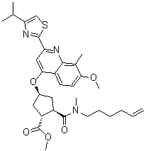 structure of CAS# 1042695-87-3, (1R,2R,4S)-2-[(5-Hexen-1-ylmethylamino)carbonyl]-4-[[7-methoxy-8-methyl-2-[4-(1-methylethyl)-2-thiazolyl]-4-quinolinyl]oxy]cyclopentanecarboxylic acid methyl ester