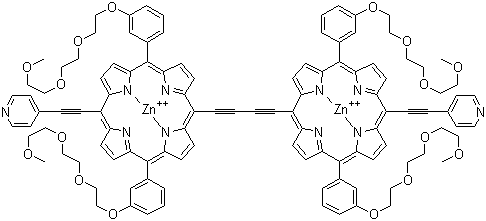 CAS 登录号：1051971-75-5, 二(4-吡啶乙炔基)双[3-[2-[2-(2-甲氧乙氧基)乙氧基]乙氧基]苯基]卟吩乙炔二聚体锌盐