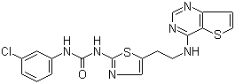 structure of CAS# 1057249-41-8, N-(3-Chlorophenyl)-N'-[5-[2-(thieno[3,2-d]pyrimidin-4-ylamino)ethyl]-2-thiazolyl]urea
