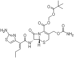 CAS # 105889-45-0, Cefcapene pivoxil, (6R,7R)-3-(((Aminocarbonyl)oxy)methyl)-7-(((2Z)-2-(2-amino-4-thiazolyl)-1-oxo-2-pentenyl)amino)-8-oxo-5-thia-1-azabicyclo[4.2.0]oct-2-ene-2-carboxylic acid (2,2-dimethyl-1-oxopropoxy)methyl ester