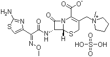 CAS 登录号：107648-78-2, 头孢吡肟硫酸盐, (6R,7R)-7-[[(2E)-2-(2-氨基-1,3-噻唑-4-基)-2-甲氧基亚氨乙酰]氨基]-3-[(1-甲基吡咯烷-1-基)甲基]-8-氧代-5-硫杂-1-氮杂双环[4.2.0]辛-2-烯-2-甲酸硫酸盐
