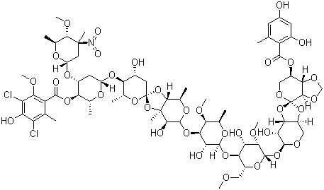 CAS # 109545-84-8, Evernimicin, Everninomicin, Everninomicin 13384-1, Sch 27899, Ziracin, 56-deacetyl-57-demethyl-45-O-de(2-methyl-1-oxopropyl)-12-O-(2,3,6-trideoxy-3-C-methyl-4-O-methyl-3-nitro-alpha-L-arabino-hexopyranosyl)flambamycin 56-(2,4-dihydroxy-6-methylbenzoate)