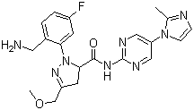 CAS # 1103130-88-6, 1-[2-(Aminomethyl)-5-fluorophenyl]-4,5-dihydro-3-(methoxymethyl)-N-[5-(2-methyl-1H-imidazol-1-yl)-2-pyrimidinyl]-1H-pyrazole-5-carboxamide