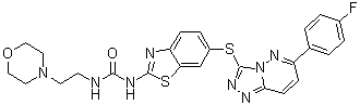 structure of CAS# 1116743-46-4, 1-[6-[[6-(4-Fluorophenyl)[1,2,4]triazolo[4,3-b]pyridazin-3-yl]sulfanyl]-1,3-benzothiazol-2-yl]-3-[2-(morpholin-4-yl)ethyl]urea