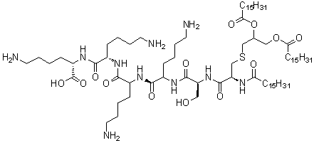 structure of CAS# 112208-00-1, S-[2,3-二[(1-氧代十六烷基)氧基]丙基]-N-(1-氧代十六烷基)-L-半胱氨酰基-L-丝氨酰基-L-赖氨酰基-L-赖氨酰基-L-赖氨酰基-L-赖氨酸