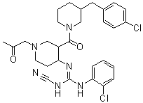 CAS # 1144899-77-3, N-(2-Chlorophenyl)-N''-[3-[[3-[(4-chlorophenyl)methyl]-1-piperidinyl]carbonyl]-1-(2-oxopropyl)-4-piperidinyl]-N'-cyanoguanidine