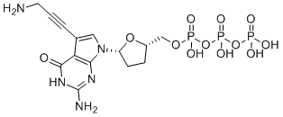CAS # 114748-61-7, 7-Deaza-7-propargylamino-ddGTP, [[(2S,5R)-5-[2-amino-5-(3-aminoprop-1-ynyl)-4-oxo-3H-pyrrolo[2,3-d]pyrimidin-7-yl]oxolan-2-yl]methoxy-hydroxyphosphoryl] phosphono hydrogen phosphate