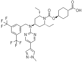 CAS 登录号：1149362-88-8, (2R,6S)-4-[[[3,5-二(三氟甲基)苯基]甲基][5-(1-甲基-1H-吡唑-4-基)-2-嘧啶基]氨基]-2,6-二乙基-1-哌啶羧酸 反式-4-羧基环己基酯