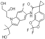 structure of CAS# 1152311-62-0, 1-(2,2-Difluoro-1,3-benzodioxol-5-yl)-N-[1-[(2R)-2,3-dihydroxypropyl]-6-fluoro-2-(2-hydroxy-1,1-dimethylethyl)-1H-indol-5-yl]-cyclopropanecarboxamide