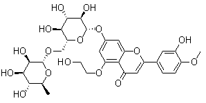 CAS # 115960-14-0, 5-O-(beta-Hydroxyethyl)diosmin, Hidrosmin, 5-(2-hydroxyethoxy)-2-(3-hydroxy-4-methoxyphenyl)-7-[(2S,3R,4S,5S,6R)-3,4,5-trihydroxy-6-[[(2R,3R,4R,5R,6S)-3,4,5-trihydroxy-6-methyloxan-2-yl]oxymethyl]oxan-2-yl]oxychromen-4-one