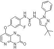 structure of CAS# 1163719-56-9, N-[4-[(3,4-Dihydro-3-oxopyrido[2,3-b]pyrazin-8-yl)oxy]-2-fluorophenyl]-N'-[3-(1,1-dimethylethyl)-1-phenyl-1H-pyrazol-5-yl]urea