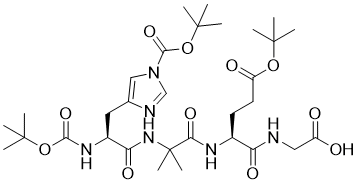 CAS # 1169630-31-2, Boc-His(Boc)-Aib-Glu(O-tBu)-Gly-OH, 2-[[(2S)-2-[[2-methyl-2-[[(2S)-2-[(2-methylpropan-2-yl)oxycarbonylamino]-3-[1-[(2-methylpropan-2-yl)oxycarbonyl]imidazol-4-yl]propanoyl]amino]propanoyl]amino]-5-[(2-methylpropan-2-yl)oxy]-5-oxopentanoyl]amino]acetic acid