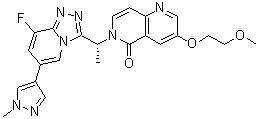 structure of CAS# 1173699-31-4, 6-[(1R)-1-[8-Fluoro-6-(1-methyl-1H-pyrazol-4-yl)-1,2,4-triazolo[4,3-a]pyridin-3-yl]ethyl]-3-(2-methoxyethoxy)-1,6-naphthyridin-5(6H)-one