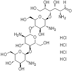 structure of CAS# 117399-50-5, O-2-氨基-2-脱氧-beta-D-吡喃葡萄糖基-(1→4)-O-2-氨基-2-脱氧-beta-D-吡喃葡萄糖基-(1→4)-O-2-氨基-2-脱氧-beta-D-吡喃葡萄糖基-(1→4)-2-氨基-2-脱氧-D-葡萄糖四盐酸盐