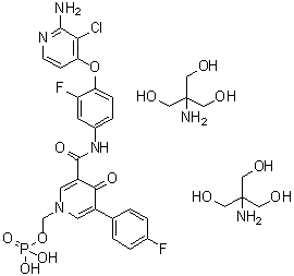 structure of CAS# 1174161-86-4, (3-(4-(2-Amino-3-chloropyridin-4-yloxy)-3-fluorophenylcarbamoyl)-5-(4-fluorophenyl)-4-oxopyridin-1(4H)-yl)methyl dihydrogen phosphate  compd. with 2-amino-2-(hydroxymethyl)propane-1,3-diol (1:2)