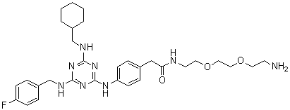 structure of CAS# 1177827-73-4, N-[2-[2-(2-氨基乙氧基)乙氧基]乙基]-4-[[4-[(环己基甲基)氨基]-6-[[(4-氟苯基)甲基]氨基]-1,3,5-三嗪-2-基]氨基]苯乙酰胺