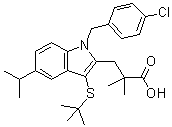structure of CAS# 118414-82-7, 1-[(4-Chlorophenyl)methyl]-3-[(1,1-dimethylethyl)thio]-alpha,alpha-dimethyl-5-(1-methylethyl)-1H-indole-2-propanoic acid