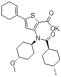 CAS 登录号：1200133-34-1, VCH 916, 5-(1-环己烯-1-基)-3-[(反式-4-甲氧基环己基)[(反式-4-甲基环己基)羰基]氨基]噻吩-2-羧酸钾盐