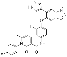 structure of CAS# 1206799-15-6, N-[3-Fluoro-4-[[1-methyl-6-(1H-pyrazol-4-yl)-1H-indazol-5-yl]oxy]phenyl]-1-(4-fluorophenyl)-1,2-dihydro-6-methyl-2-oxo-3-pyridinecarboxamide
