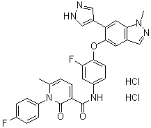 CAS 登录号：1206801-37-7, N-[3-氟-4-[[1-甲基-6-(1H-吡唑-4-基)-1H-吲唑-5-基]氧基]苯基]-1-(4-氟苯基)-1,2-二氢-6-甲基-2-氧代-3-吡啶甲酰胺二盐酸盐