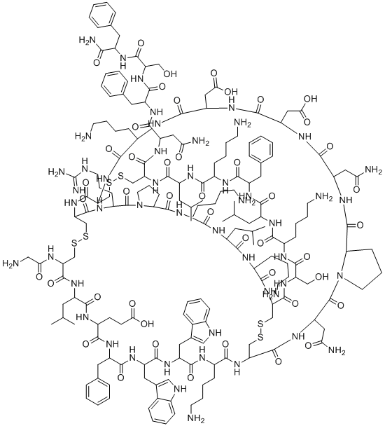 structure of CAS# 1209500-46-8, H-Gly-DL-Cys(1)-DL-Leu-DL-Glu-DL-Phe-DL-Trp-DL-Trp-DL-Lys-DL-Cys(2)-DL-Asn-DL-Pro-DL-Asn-DL-Asp-DL-Asp-DL-Lys-DL-Cys(3)-DL-Cys(1)-DL-Arg-DL-Pro-DL-Lys-DL-Leu-DL-Lys-DL-Cys(2)-DL-Ser-DL-Lys-DL-Leu-DL-Phe-DL-Lys-DL-Leu-DL-Cys(3)-DL-Asn-DL-Phe-DL-Ser-DL-Phe-NH2