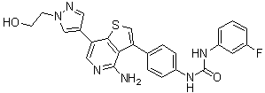 CAS # 1227939-82-3, Ilorasertib, N-[4-[4-Amino-7-[1-(2-hydroxyethyl)-1H-pyrazol-4-yl]thieno[3,2-c]pyridin-3-yl]phenyl]-N'-(3-fluorophenyl)urea, A 968660.0, ABT 348, Abbott 968660