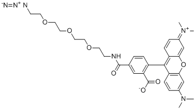 CAS # 1228100-59-1, TAMRA-PEG3-Azide, 5-[2-[2-[2-(2-azidoethoxy)ethoxy]ethoxy]ethylcarbamoyl]-2-[3-(dimethylamino)-6-dimethylazaniumylidenexanthen-9-yl]benzoate