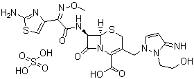 CAS 登录号：122841-12-7, 硫酸头孢噻利, (6R,7R)-3-{[2,3-二氢-3-亚氨基-2-(2-羟乙基)-2H-吡唑-1-基]甲基}-7-[(Z)-2-(2-氨基-4-噻唑基)-2-(甲氧亚氨基)乙酰氨基]-8-氧代-5-硫杂-1-氮杂双环[4.2.0]辛-2-烯-3-甲酸硫酸盐