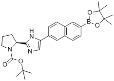 CAS # 1228552-26-8, (S)-tert-butyl 2-(4-(6-(4,4,5,5-tetramethyl-1,3,2-dioxaborolan-2-yl)naphthalen-2-yl)-1H-imidazol-2-yl)pyrrolidine-1-carboxylate, tert-butyl (2S)-2-[5-[6-(4,4,5,5-tetramethyl-1,3,2-dioxaborolan-2-yl)naphthalen-2-yl]-1H-imidazol-2-yl]pyrrolidine-1-carboxylate