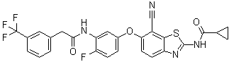 structure of CAS# 1228591-30-7, N-[7-Cyano-6-[4-fluoro-3-[[[3-(trifluoromethyl)phenyl]acetyl]amino]phenoxy]-1,3-benzothiazol-2-yl]cyclopropanecarboxamide
