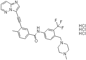 CAS # 1232836-25-7, 3-(2-Imidazo[1,2-b]pyridazin-3-ylethynyl)-4-methyl-N-[4-[(4-methyl-1-piperazinyl)methyl]-3-(trifluoromethyl)phenyl]benzamide hydrochloride (1:3)